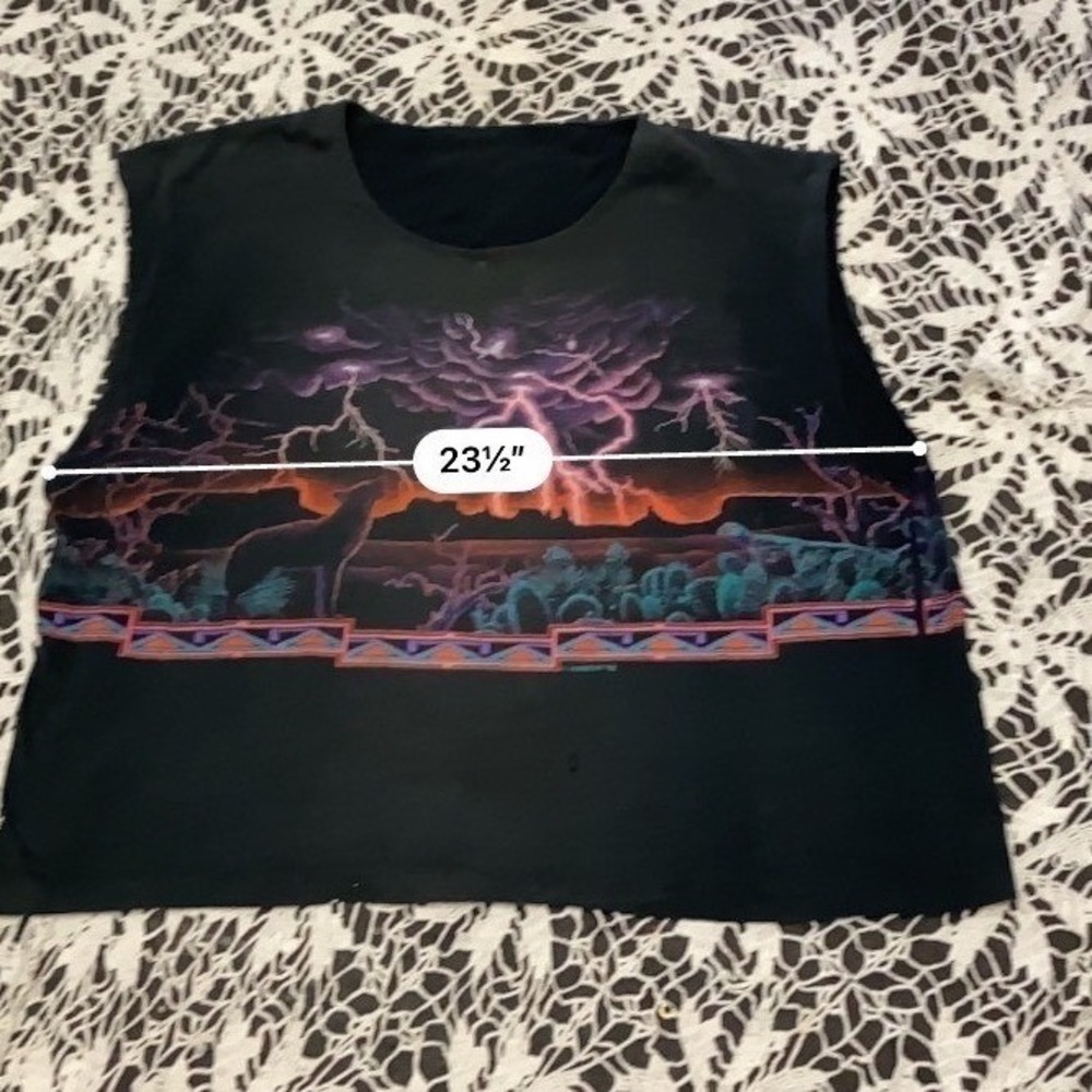 Vintage 1992 Habitat Desert Wolf Lightning Graphic Tank Top Black XL Boxy Fit - Picture 4 of 5